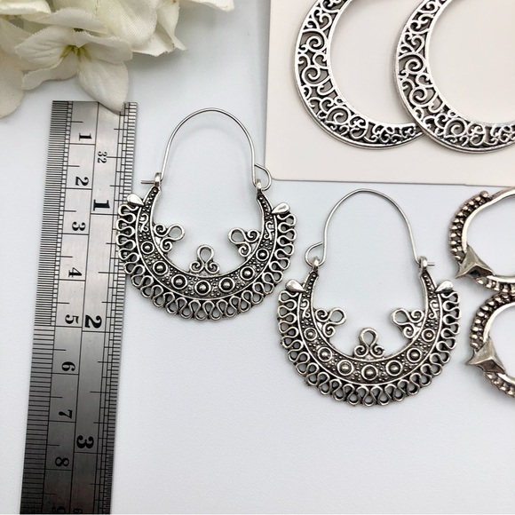 Bali Style Openwork Filigree Silver Tone Hoop Earring Lot Crescent Huggie Boho - Picture 13 of 15